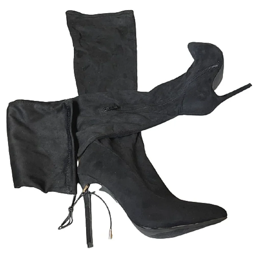 🖤 Statement Style Pointed Toe Thigh-High Silhouette Black SU Stiletto Boots
